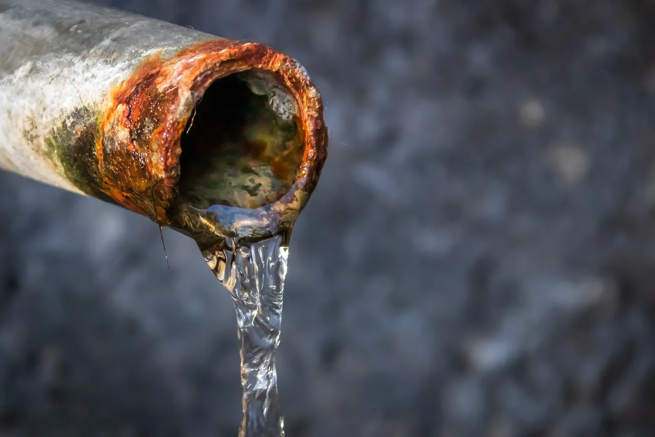 Water running from the end of a corroded metal pipe